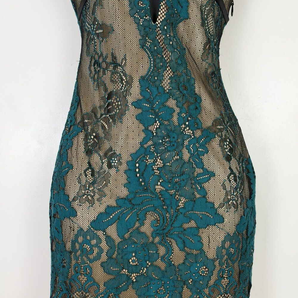 bebe Lace Mini Dress Sz 2 Teal Black Nude Floral Y2K Lingerie Romantic Coquette - Picture 4 of 12